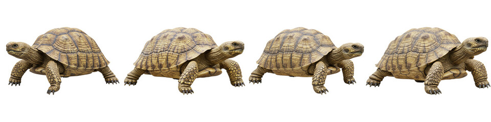 Journey of Four Tortoises: Four African spurred tortoises walk in parallel, a captivating display of nature's gentle march, their unique shell patterns, and textures.