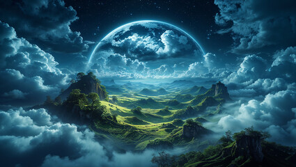 Huge planet shining over green hills and cliffs in a cloudy fantasy night