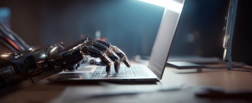 The robotic hand typing on a laptop in a futuristic workspace. - Powered by Adobe