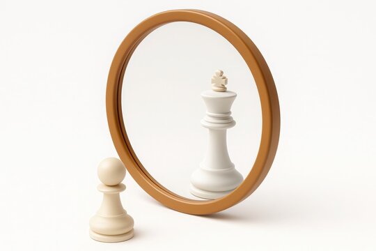 chess pawn looking in mirror sees king showing self reflection motivation vision leadership dream growth power