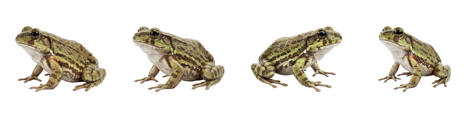 Fototapeta premium Synchronized Frogs: Four frogs positioned together, showcasing their unique textures, with the focus on harmony in composition, creating a sense of cohesion and unison.