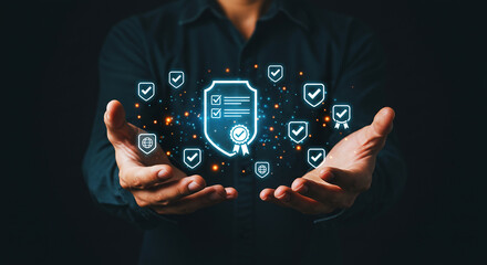 Fototapeta premium A person holding a digital certificate shield with checkmarks and a ribbon on a black background design