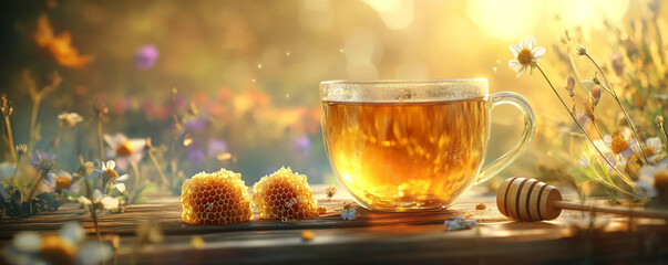 Warm Herbal Tea with Flowers in Golden Sunset Light
