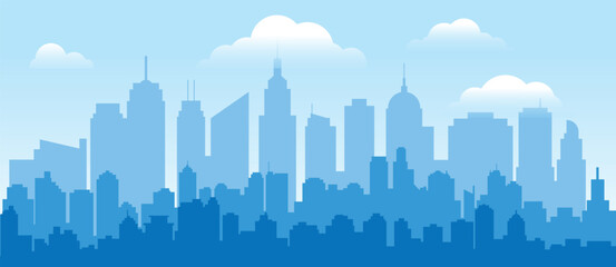Fototapeta premium Blue Monochrome City Skyline, Flat Vector Urban Landscape with Skyscrapers and Modern Buildings