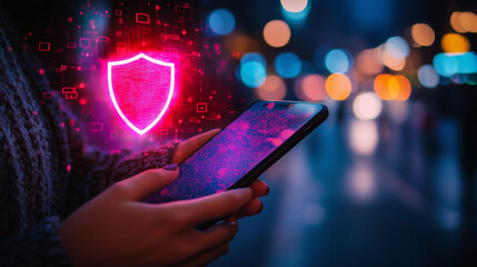 VPN shield icon hovering over phone.