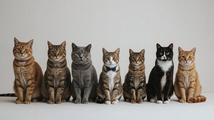 Seven cats posing together on white background