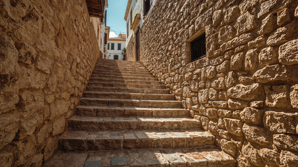 Stone staircase leading upwards in picturesque alleyway