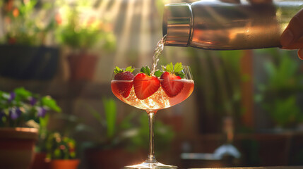 Refreshing Strawberry Cocktail with Ice and Mint in Sunlit Garden