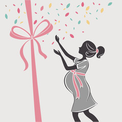 Pregnant Woman Celebrating Baby Shower with Confetti and Ribbon – Motherhood Vector Illustration