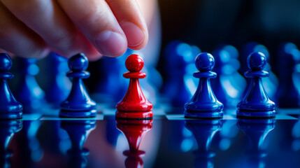 Strategic Choice Concept with Red Chess Pawn in Blue Set