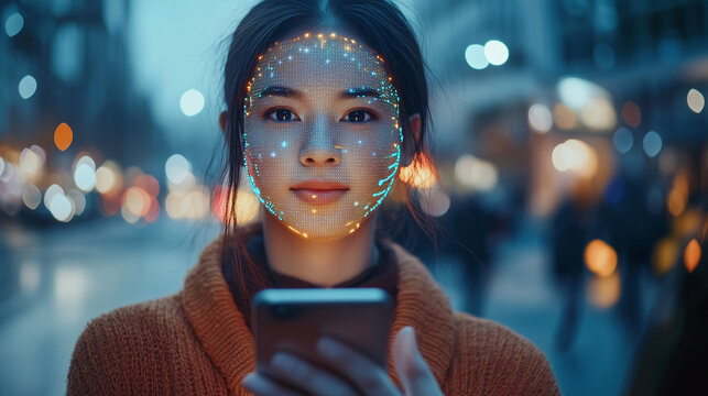 Woman Using Facial Recognition on Smartphone in Urban Setting