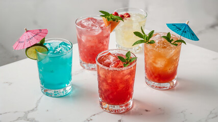 Colorful cocktails sitting on marble table decorated with umbrellas and mint leaves