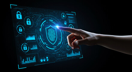 Hand touching a digital screen displaying a fingerprint shield and security icons in blue light