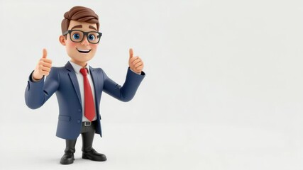 A 3D cartoon businessman in a suit and glasses smiles and gives two thumbs up on a plain white background.