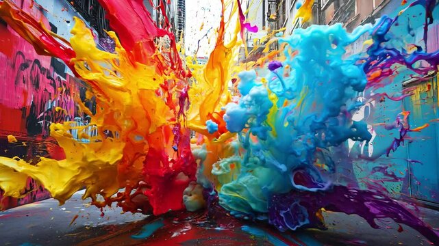 In an urban alley, vivid colors burst from paint explosions, highlighting artistic expression against street art murals
