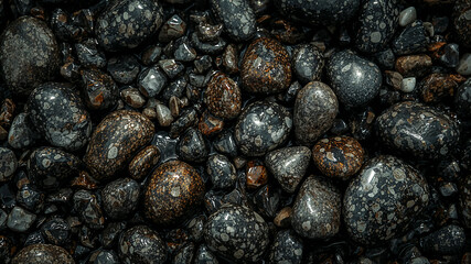 Wet speckled pebbles forming a beautiful natural pattern