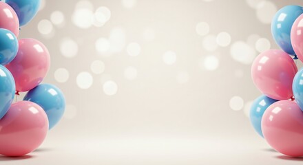 Celebration background with pink and blue party balloons. Festive decoration for birthday party, gender reveal or baby shower.