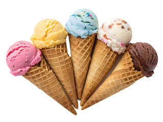 Five ice cream cones arranged in a fan shape against a solid light-gray background. Each waffle cone holds a scoop of ice cream in a different vibrant color, including pink, yellow, light blue.
