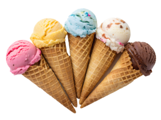 Five ice cream cones arranged in a fan shape against a solid light-gray background. Each waffle cone holds a scoop of ice cream in a different vibrant color, including pink, yellow, light blue.