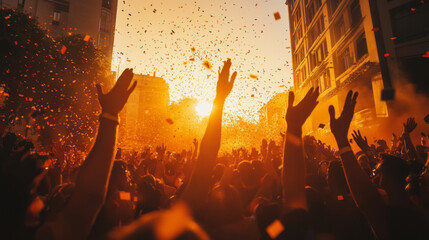 Energetic Festival Crowd Celebrating with Confetti at Sunset