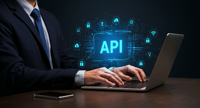 Man using laptop with api interface and security icons overlayed on a dark background in a suit