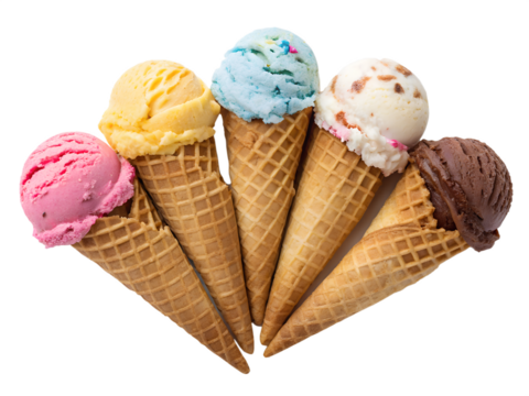 Five ice cream cones arranged in a fan shape against a solid light-gray background. Each waffle cone holds a scoop of ice cream in a different vibrant color, including pink, yellow, light blue.