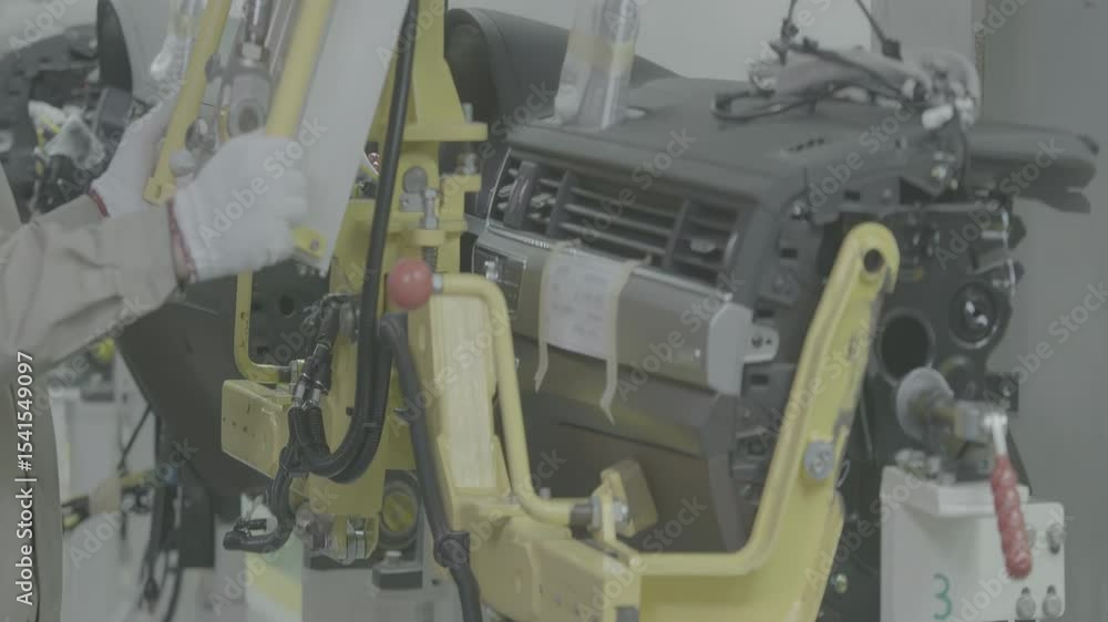Aufkleber factory workers chassis on automated engine assembly line, focused technicians work meticulously on 