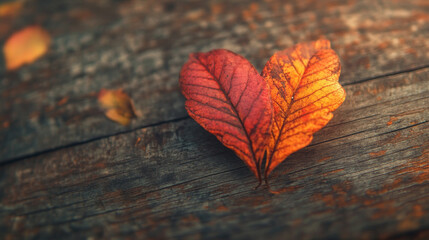 Autumn Heart-Shaped Leaves on Rustic Wooden Surface