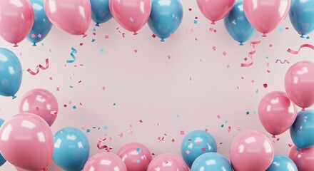 Pink and blue balloons with scattered confetti on a solid pink background, for a baby shower or gender reveal party.
