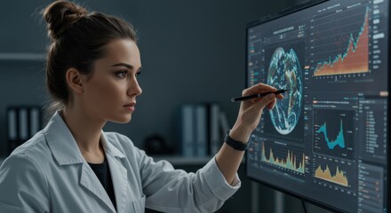 Young female scientist analyzing global data on a digital screen in a modern laboratory setting