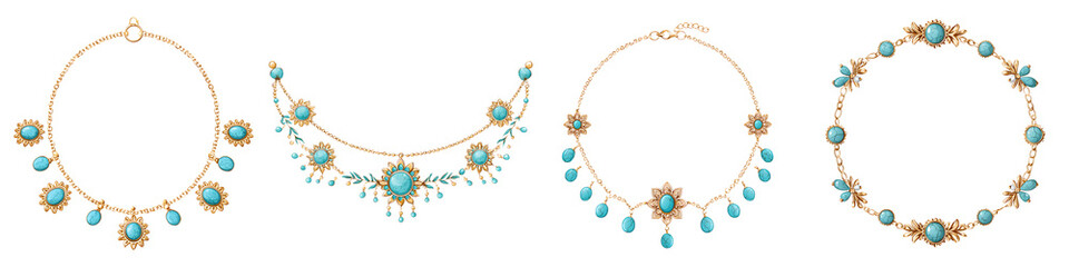 Exquisite turquoise and gold jewelry pieces with floral accents