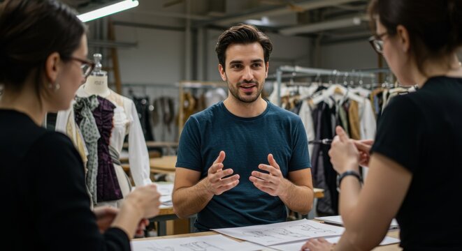 Engaging discussion among fashion designers in a studio, brainstorming ideas surrounded by garments