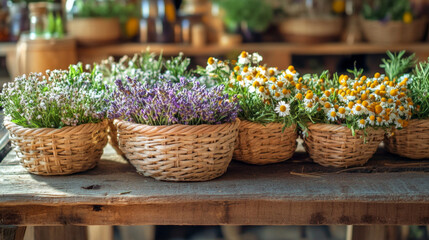 Assorted Fresh Herbs and Flowers in Woven Baskets