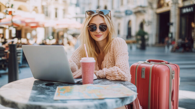 Stylish Digital Nomad Working at Outdoor Cafe with Coffee - Powered by Adobe