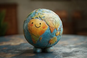 Colorful globe with happy face displayed on table