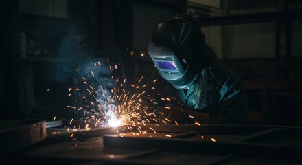 A welder in protective gear working on metal fabrication, sparks flying in a dimly lit workshop