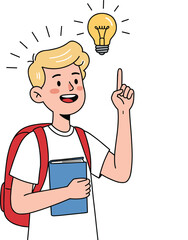 Smart student with backpack holding book, pointing finger up with idea light bulb, educational concept, creative thinking, school knowledge, back to school illustration