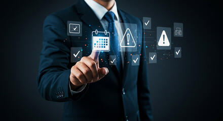 A businessman interacting with digital calendar and alert icons on a dark background scene set up