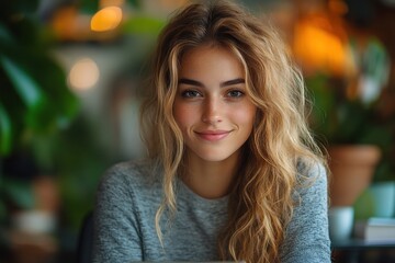 Obraz premium Young woman smiles warmly in a cozy cafe surrounded by plants during afternoon light