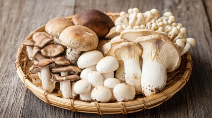 Assorted Fresh Mushrooms in a Woven Basket on Wooden Table