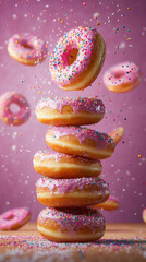 Stacked Pink and Purple Frosted Donuts with Colorful Sprinkles