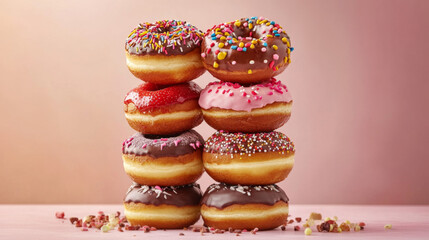 Stacked Frosted Donuts with Chocolate and Strawberries on Pink
