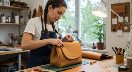 Woman crafting a leather handbag in a well-lit workshop with plants and tools in the background
