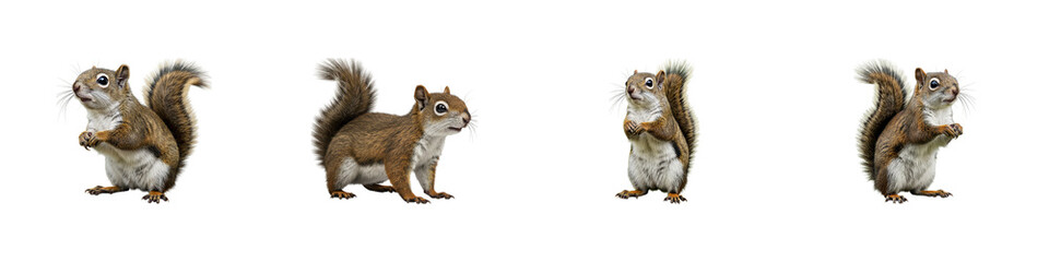 Four Playful Squirrels in Sequence: Charming, photorealistic squirrels showcase their dynamic movements, their bushy tails adding to the energetic vibe.