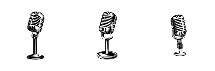 The image features a classic microphone positioned on a stand, presented in basic black and white, isolated on white