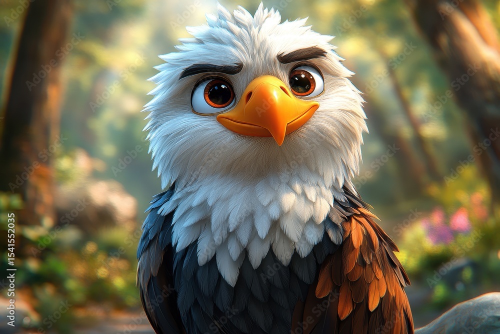 Poster colorful animated eagle character in a lush forest setting with cheerful expression