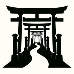 Japanese temple vector illustration with gate symbol, antique wooden furniture, and interior design elements