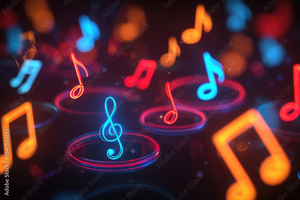 Poster colorful neon music notes float against dark bokeh background, creating vibrant and dynamic atmosphe