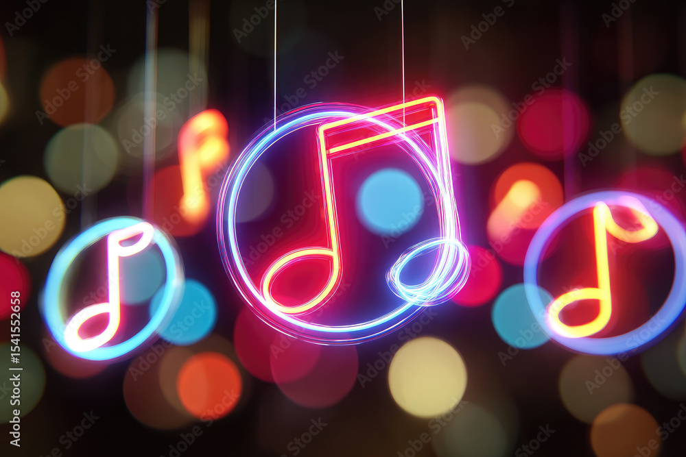 Aufkleber neon music notes float against vibrant bokeh background, creating lively and colorful atmosphere. gl