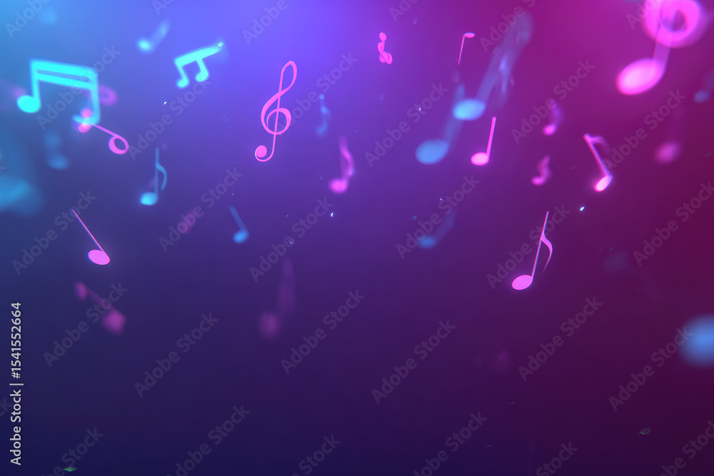 Poster colorful neon music notes float against vibrant bokeh background, creating lively and dynamic atmosp